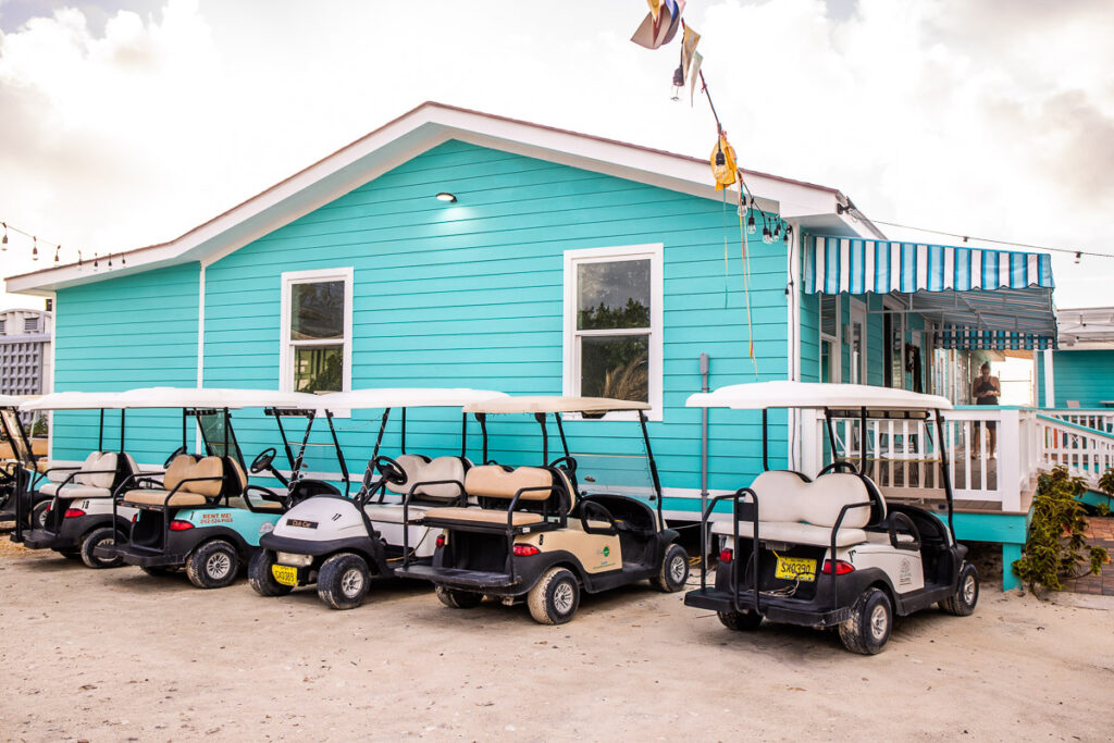 Golf carts lined up outside an aqua colored building