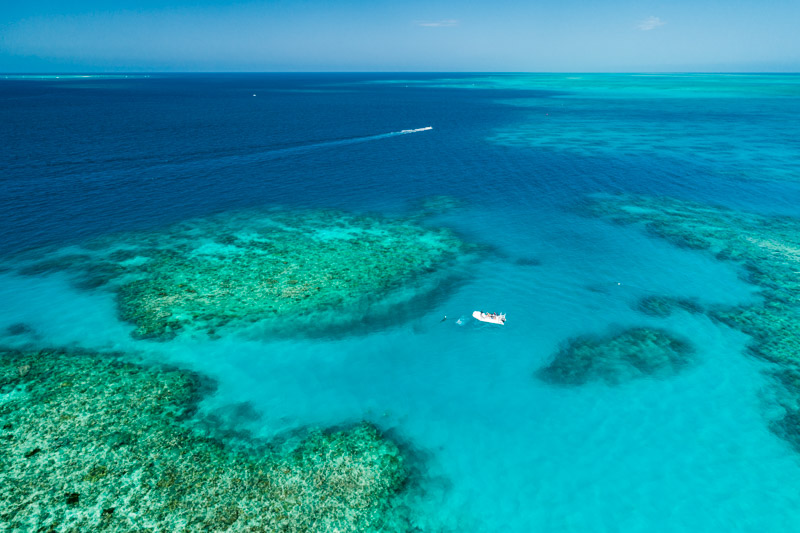 Aerial view of a tender taking guests to a drop-off point for the Adventure Drift Snorkel Tour