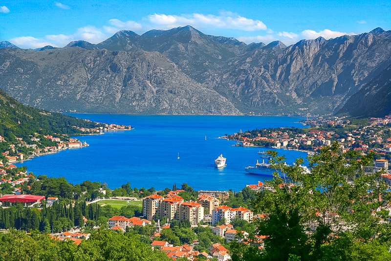 Panoramic view on Kotor, Montenegro on the sea with mountains