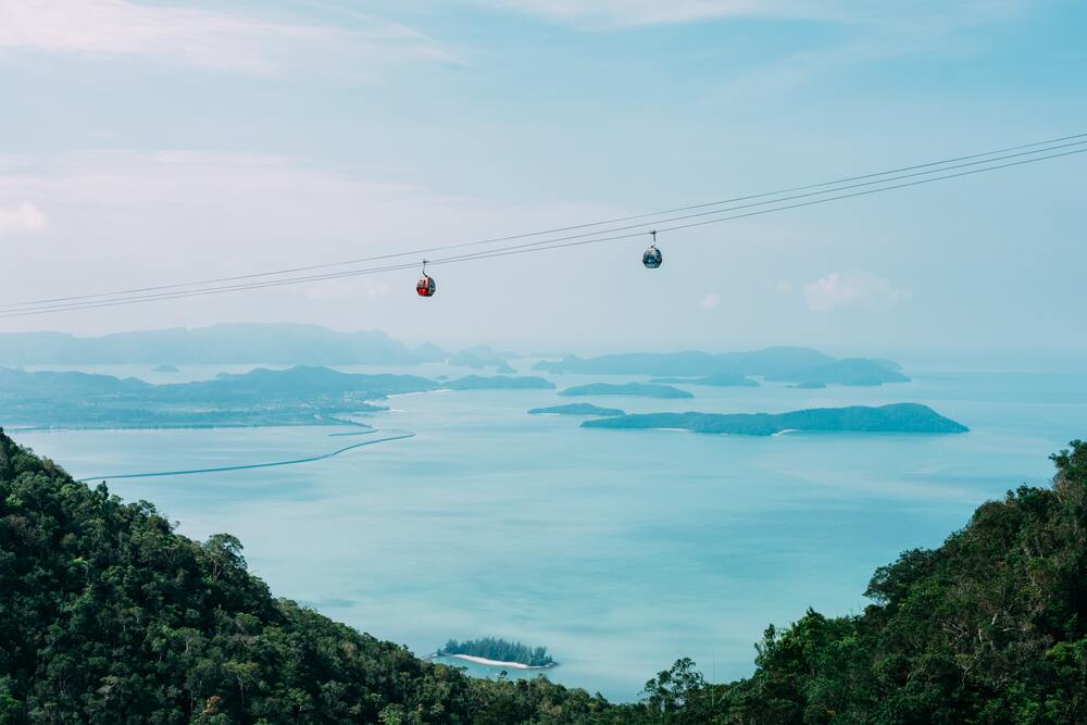 cable cars moving between mountains with views of ocean