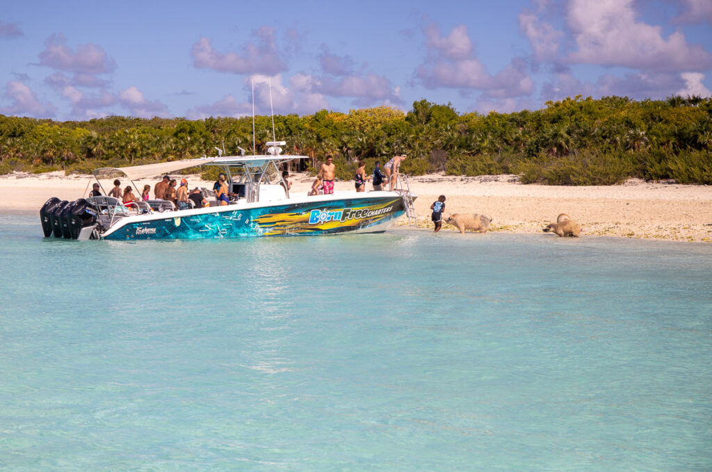Speed boat with people on it anchored at a beach