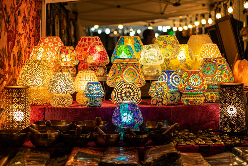 Arabic exhibition lamps detail in a market in the dark