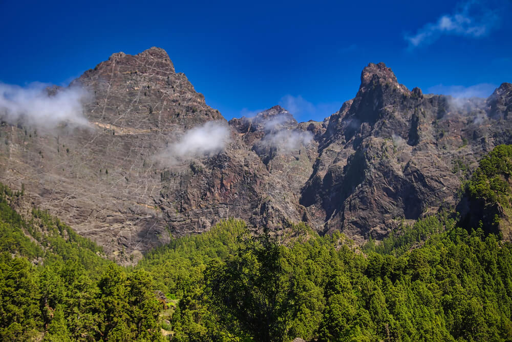 jagged mountain peaks in lush forest in Caldera de Taburiente National Park