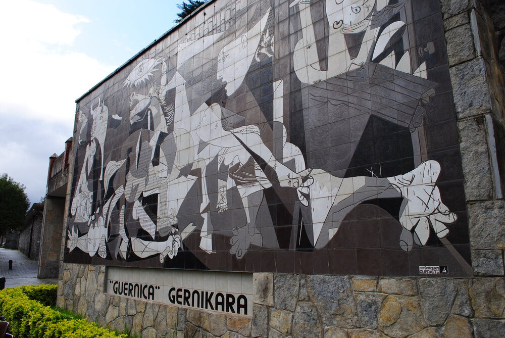 black and white tile monument of mural del guernica de picasso