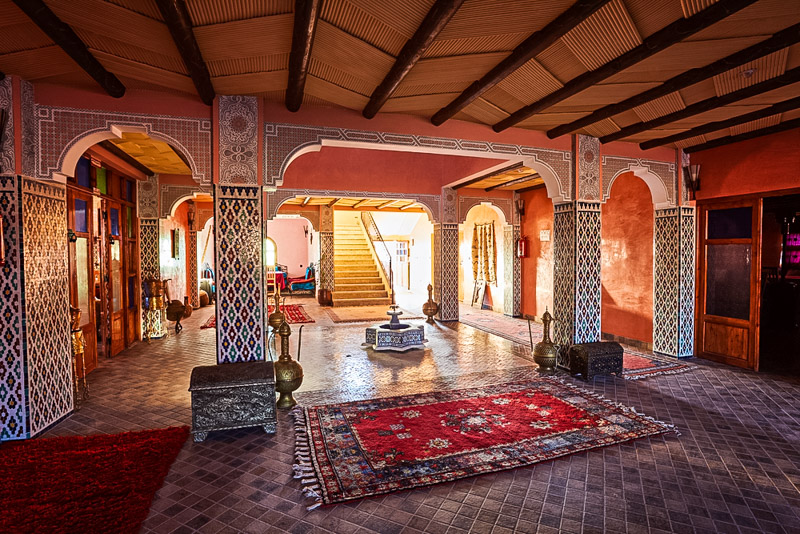 elaborate and colorful room in Riad Slitine in Marrakesh.