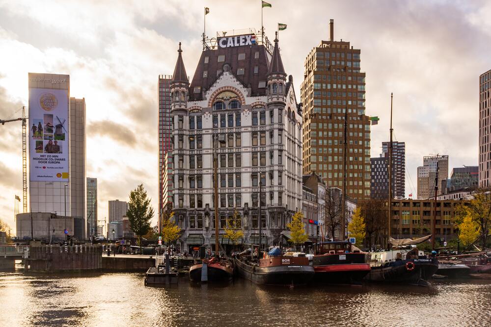 the Art Nouveau style  of the white house on the river in rotterdam
