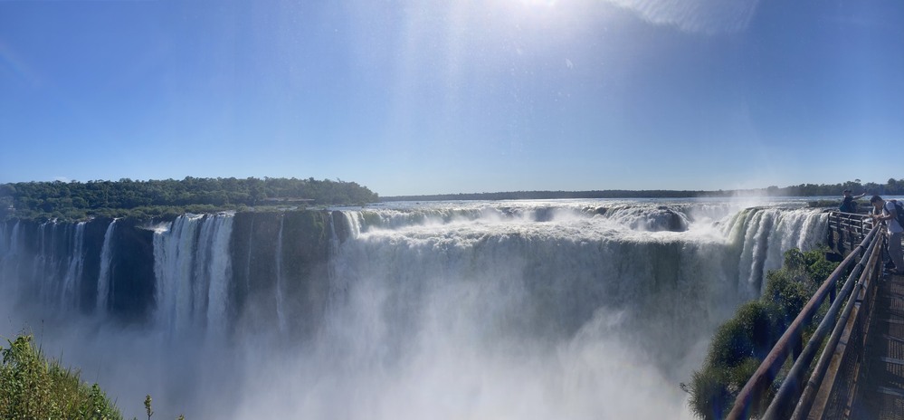 front on view of Iguazu falls spilling over the lip