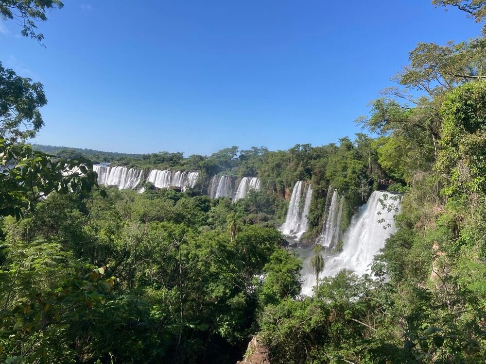 wide view of multiple waterfall streams over the cliff of iguazu