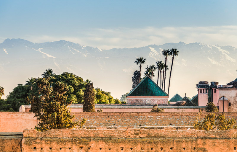 Ruins of El Badi Palace with the Atlas mountains in the background, 