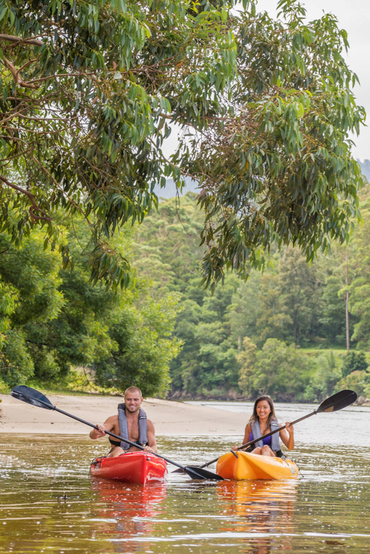 Couple enjoying a day of kayaking on the Shoalhaven River near Nowra.