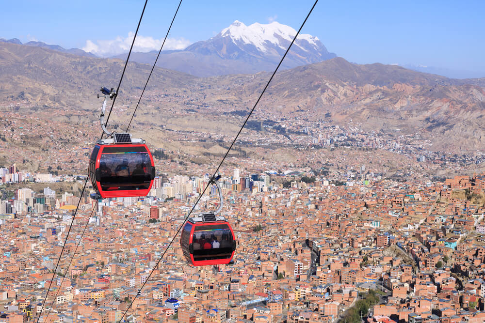 gondolas going up mountain with view of la paz in the background