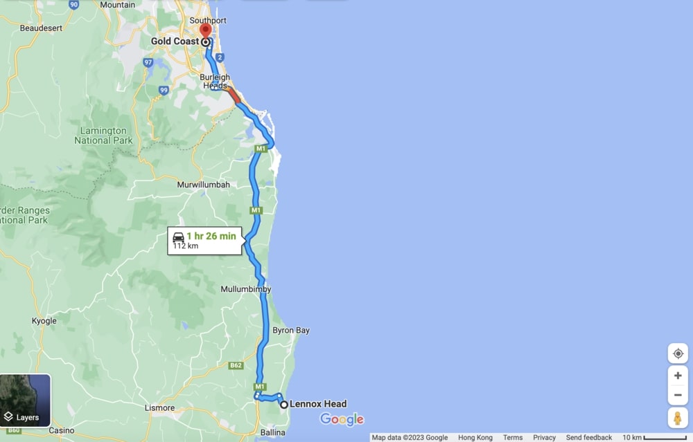 map of lennox head to gold caost road trip