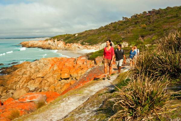 people walking on trail beside orange rocks and ocean