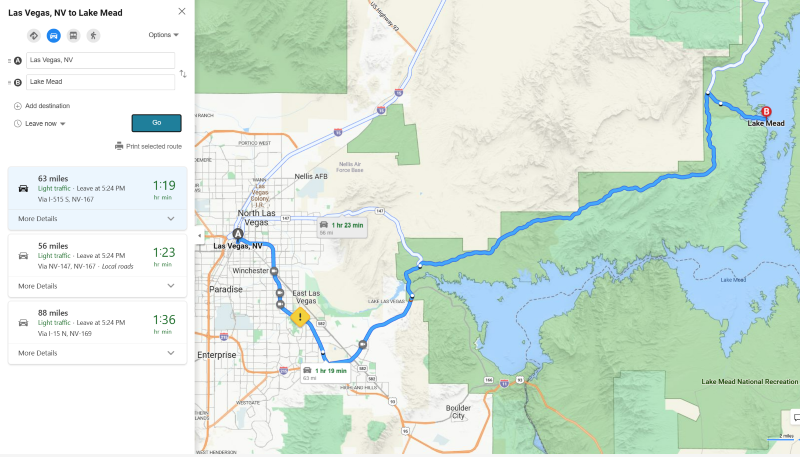map showing distance from las vegas to lake mead