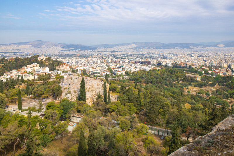 Areopagus Hill in the distance surrounded by greenery