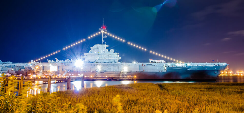 Patriots Point Naval & Maritime Museum shp lit up at night