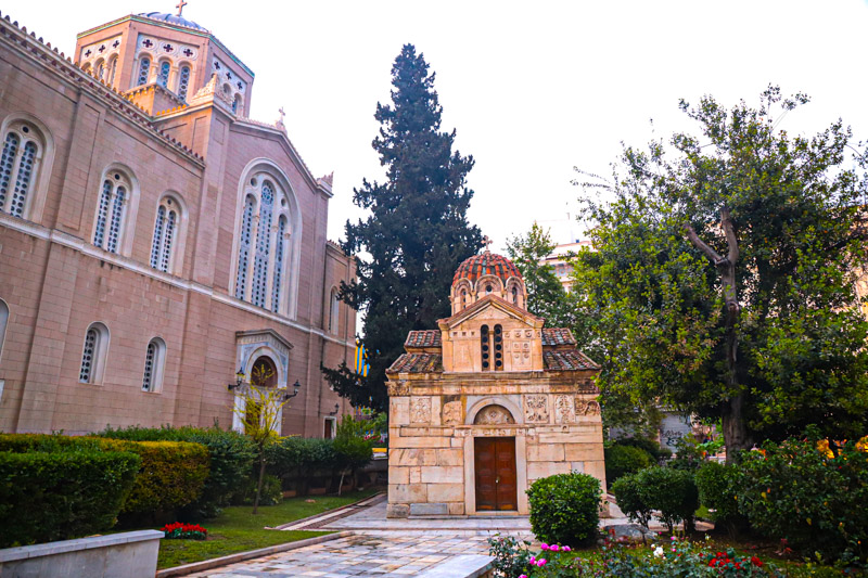 The Little Metropolis Church stands next to the more modern Metropolitan Cathedral of Athens on Mitropolis Square in Plaka.