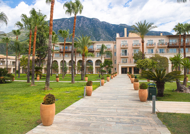 pathway leading up to hotel building with palm trees in garden