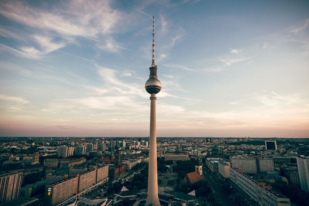 needle shaped spire of berlin tv tower in the sky