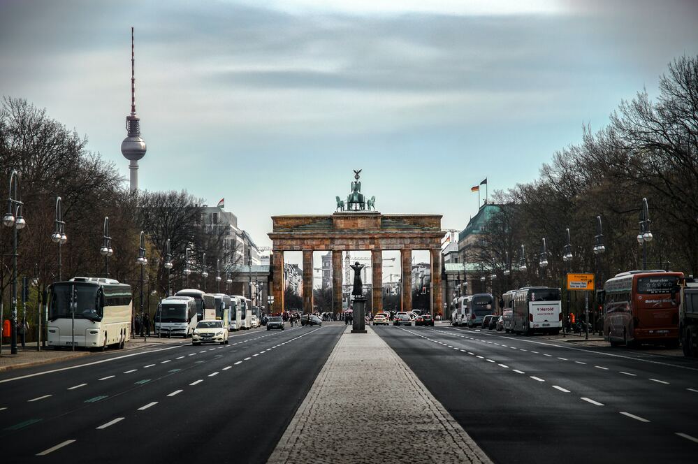Brandenburg Gate at end of road
