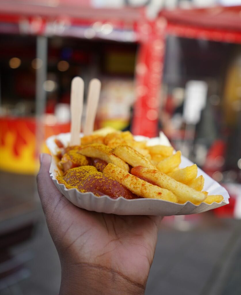plate of Currywurst and fries