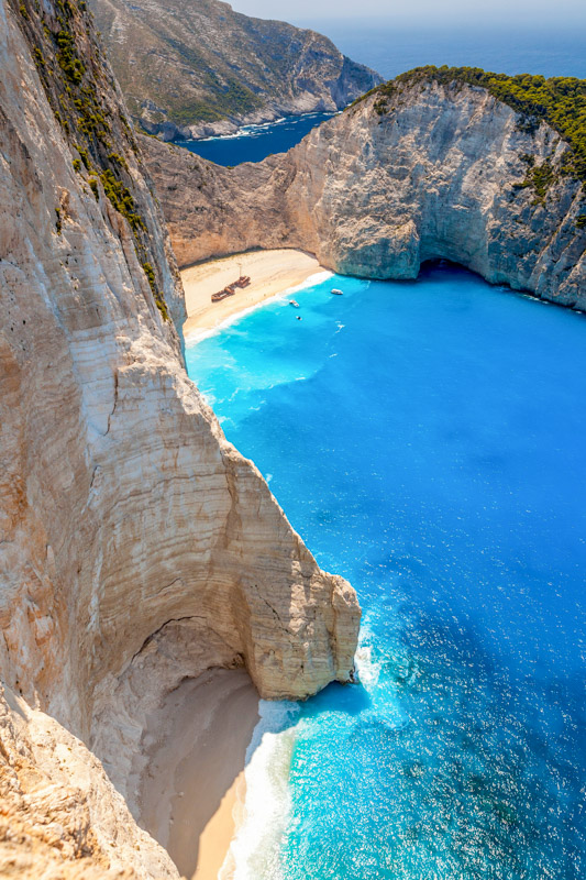 aerial view over crystal clear blue water beach on Zakynthos island
