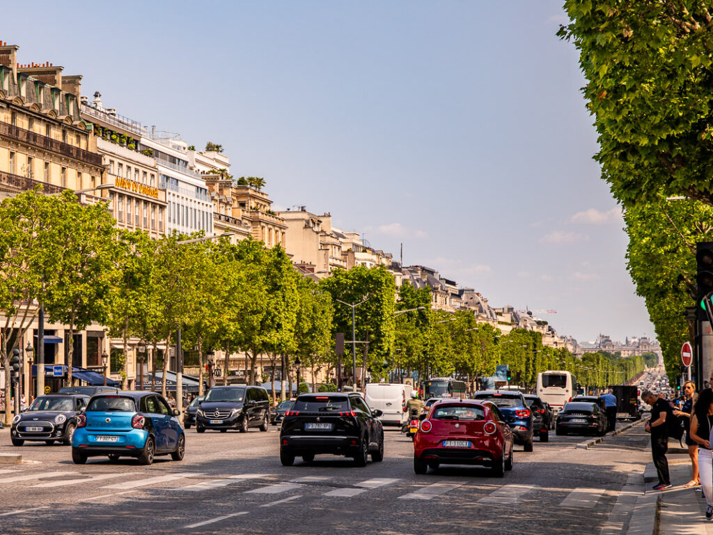 Cars driving down a tree lined street in Paris
