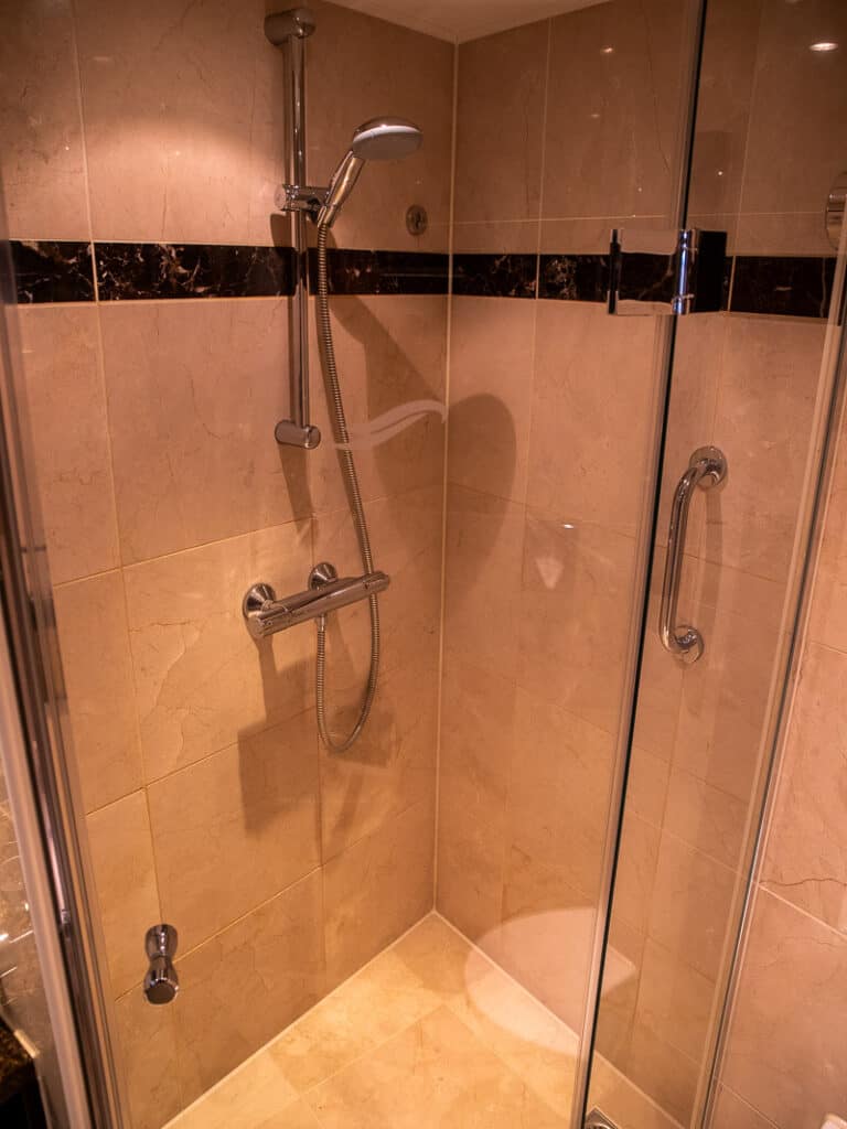 Stand up shower area on a cruise ship
