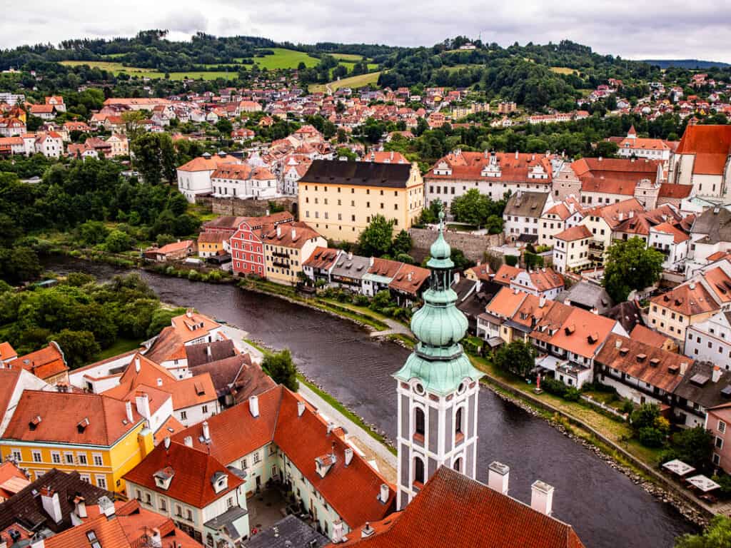 Aerial view of the medieval city called Cesky Krumlov in the Czech Republic