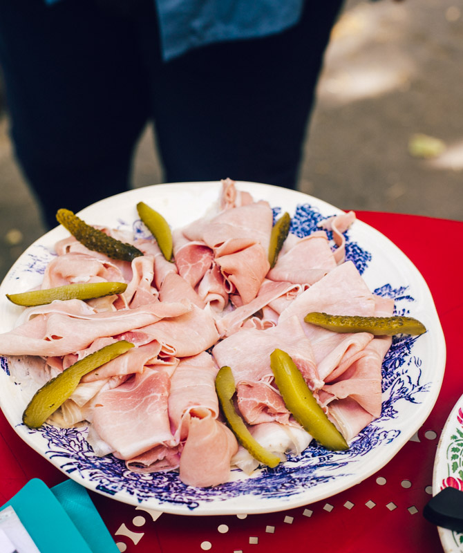 plate of paris ham with gherkins