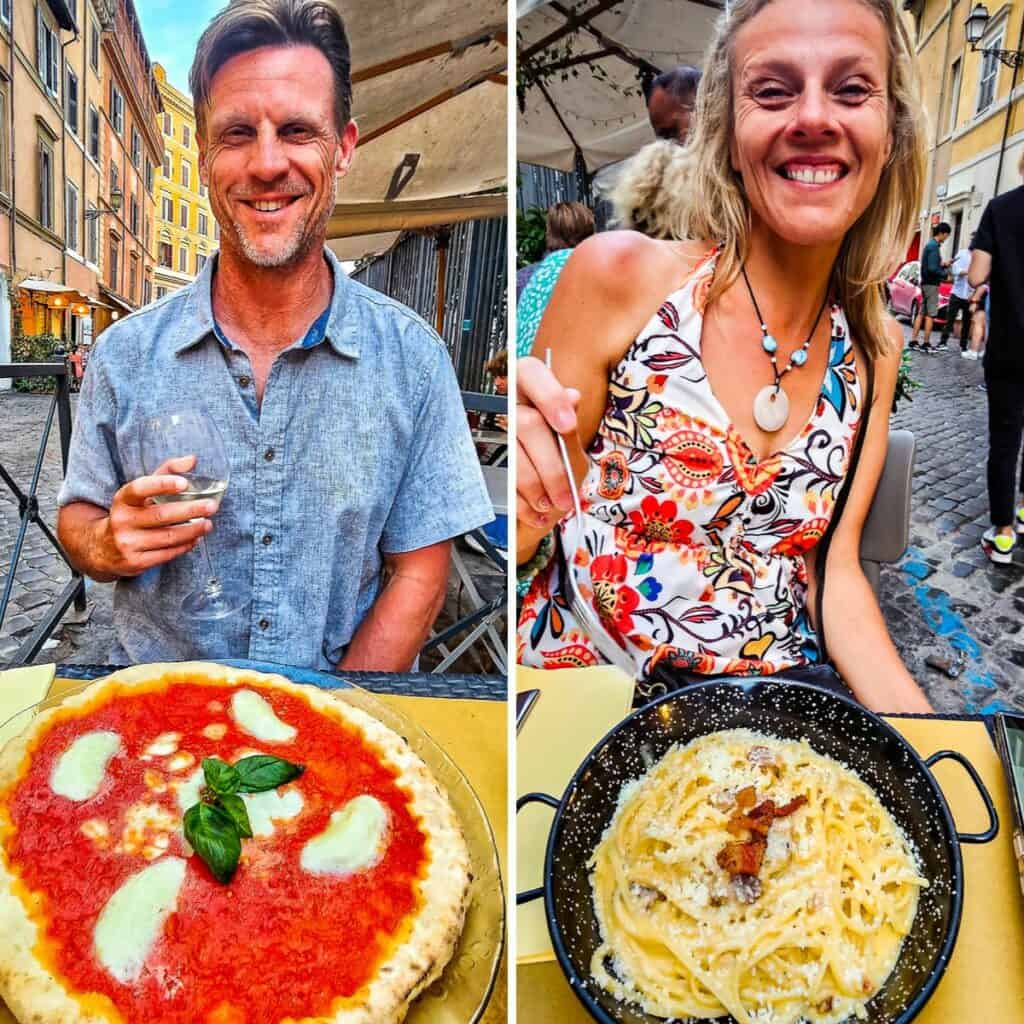 man and woman enjoying pasta in rome