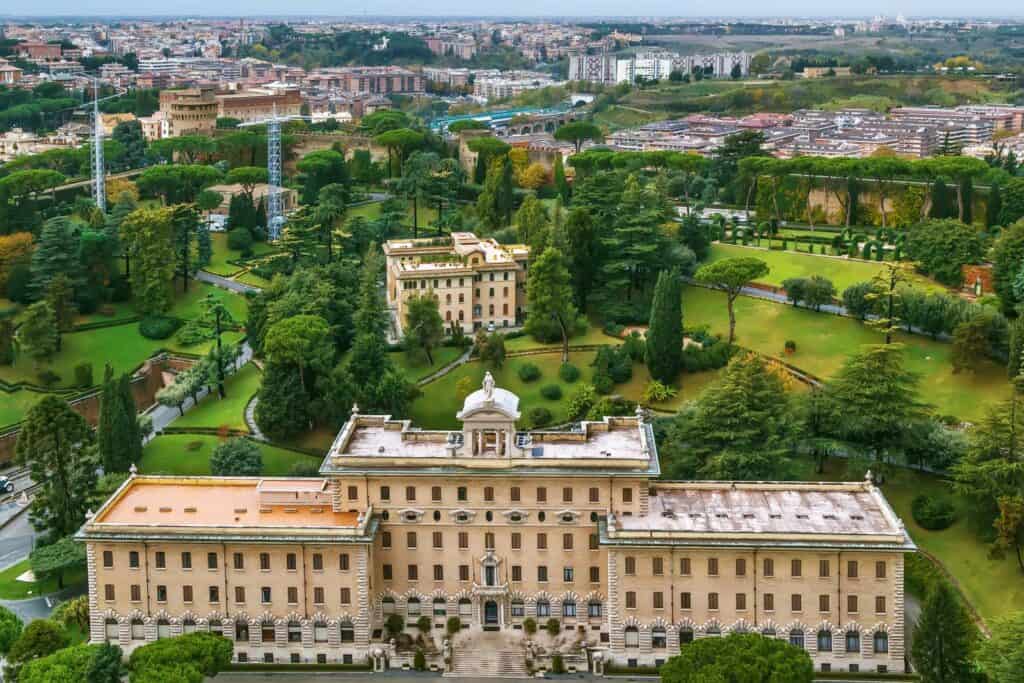 Aerial view of Governor's Palace in the Vatican Gardens from St. Peter Basilica, Vatican