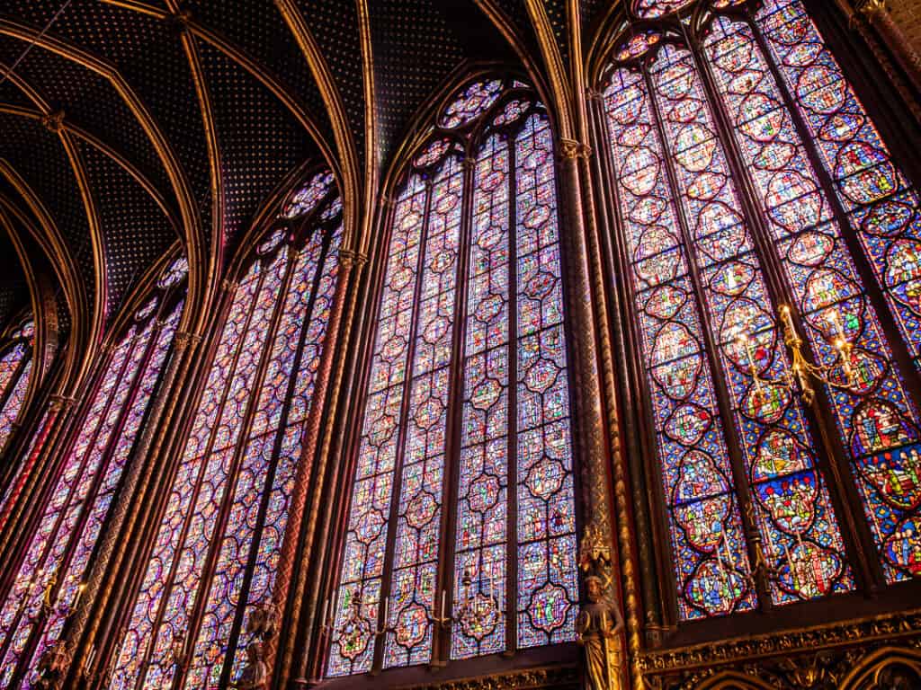 Stained glass windows inside inside the incredible Sainte-Chapelle in Paris