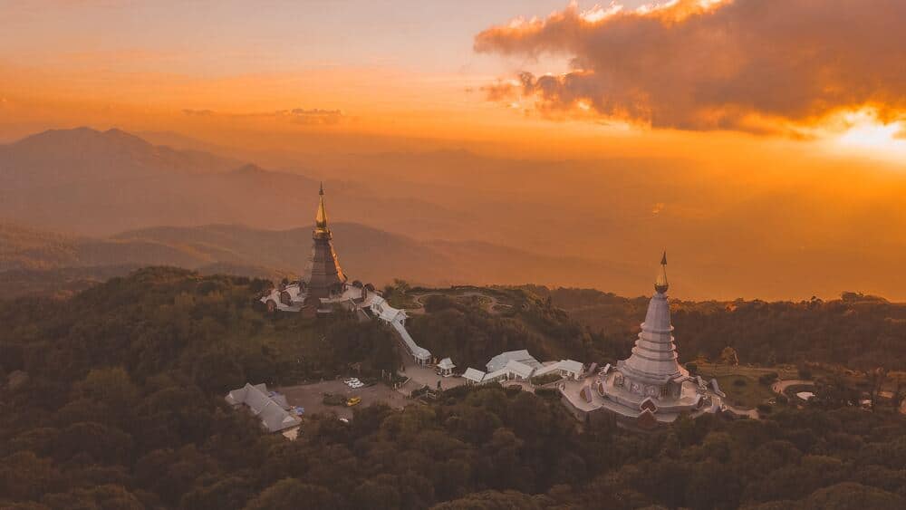 aerial view of temples in Doi Inthanon National Park at sunset