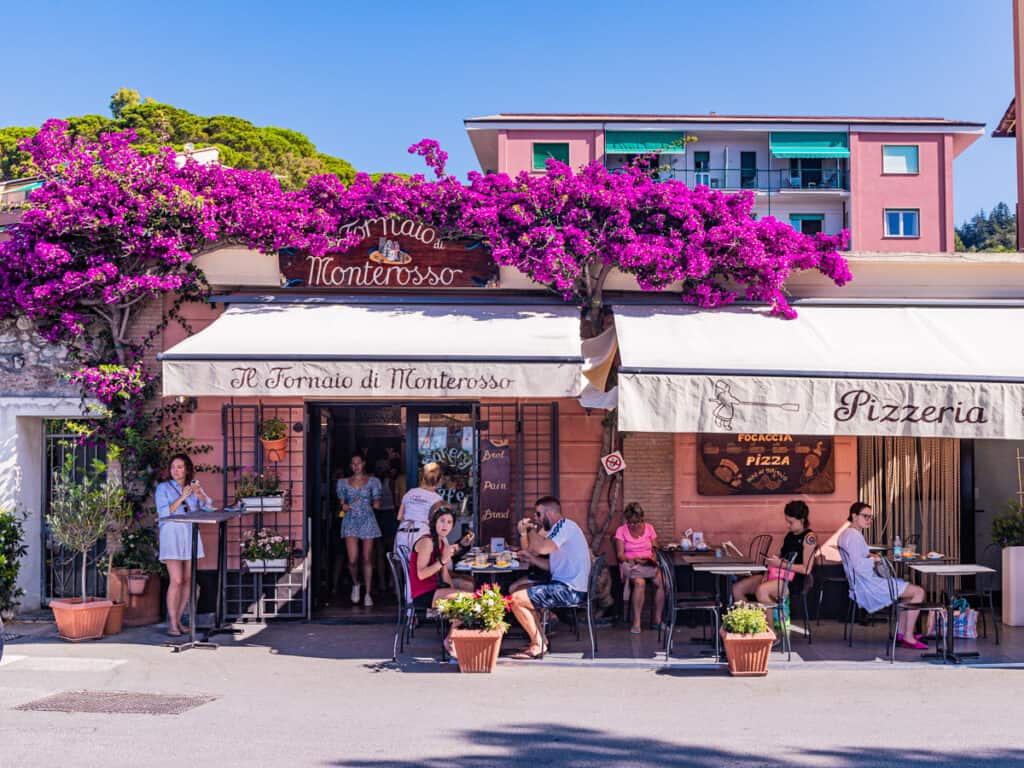 bougainvillea draped over restaurant awning with people at tables 