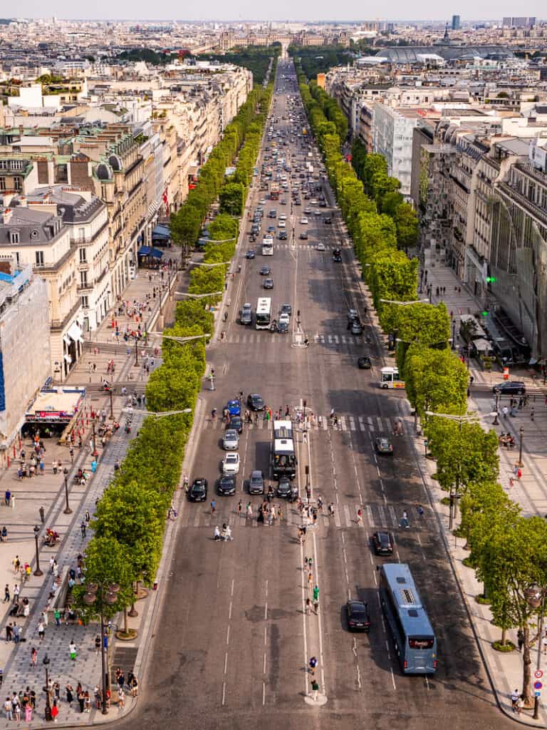Aerial view of a city street with trees and buildings surrounding it