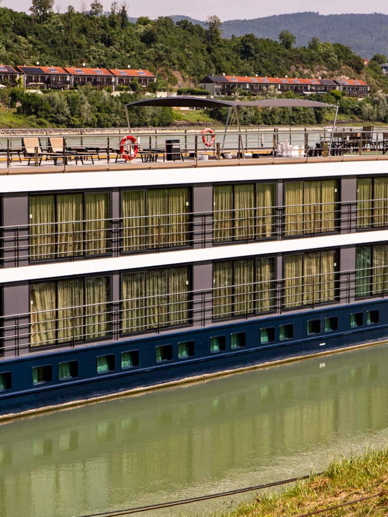 Exterior of a river cruise ship showing the balconies