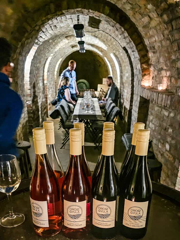 8 bottles of wine and people sitting at a dining table in a wine cellar