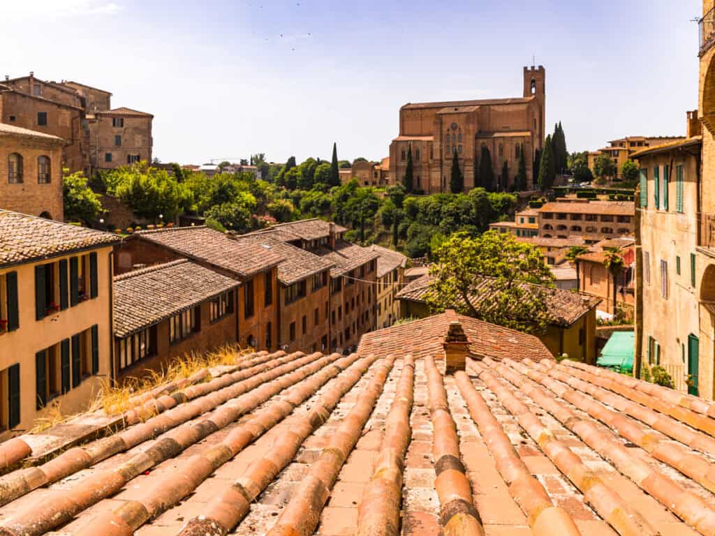 view of basilica in sienna over rooftops