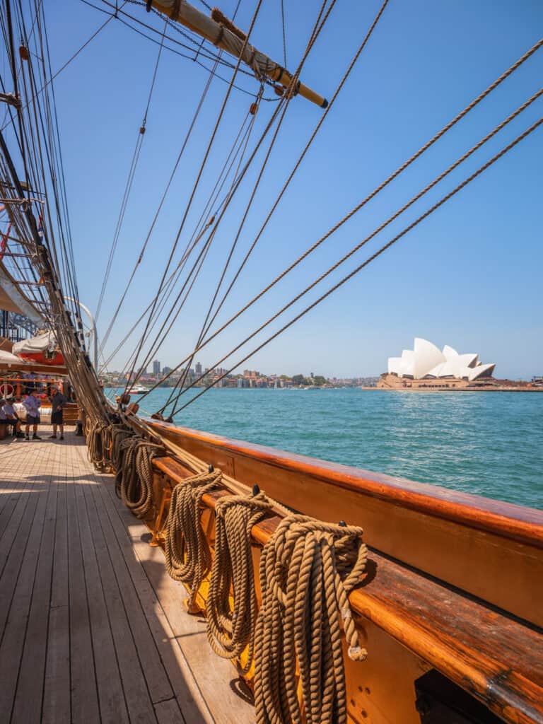 Views of Sydney Opera House from a tall ship on Australia Day 2019, Sydney Harbour.