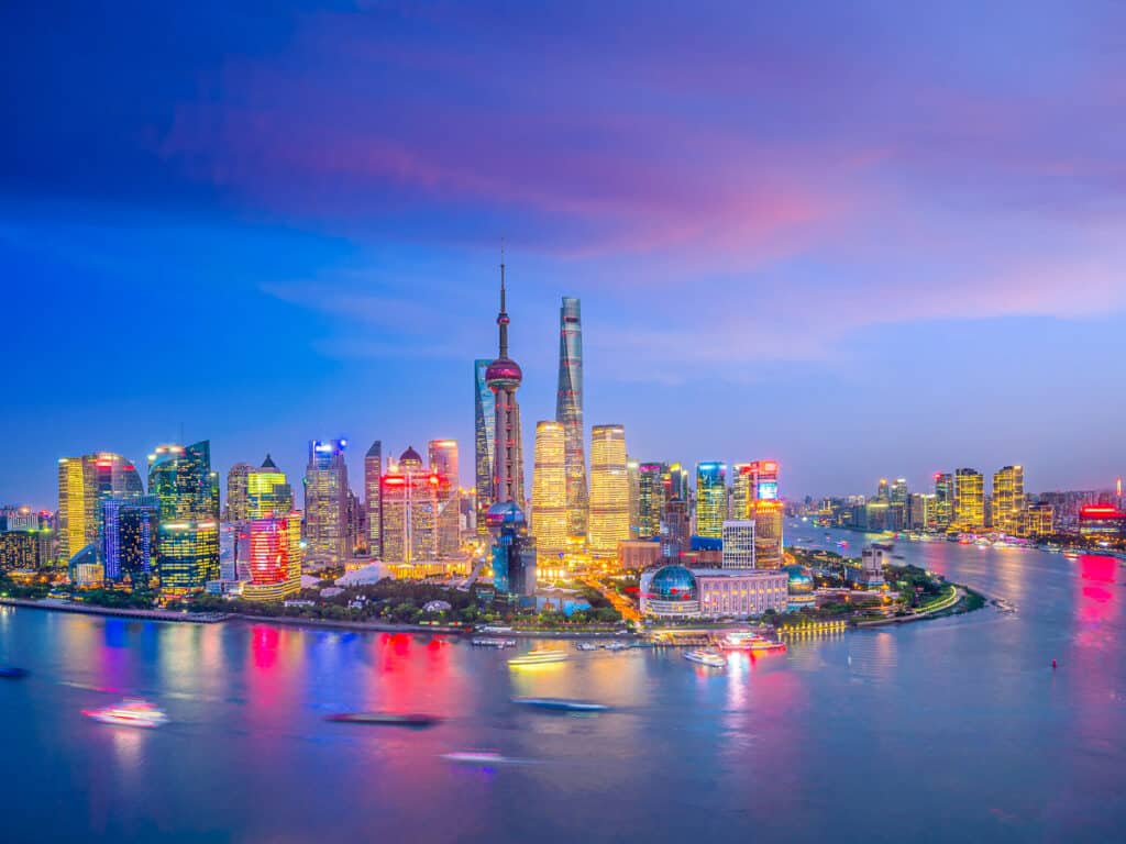 View of downtown Shanghai skyline at twilight in China
