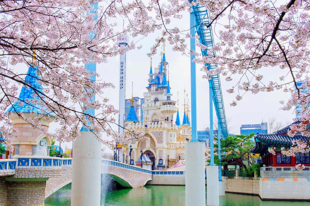Lotte World, Seoul framed by cherry blossoms