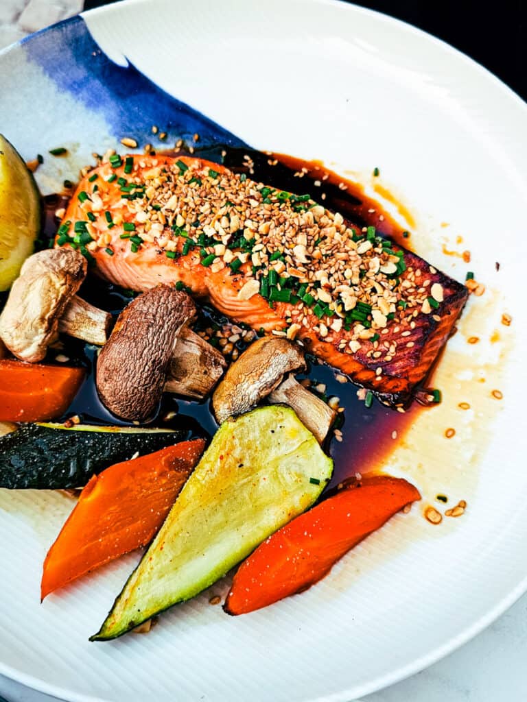 plate of salmon with soy sauce