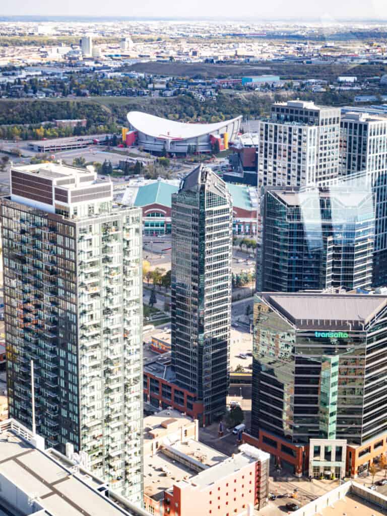 aerial view Scotiabank Saddledom behind tall buildings