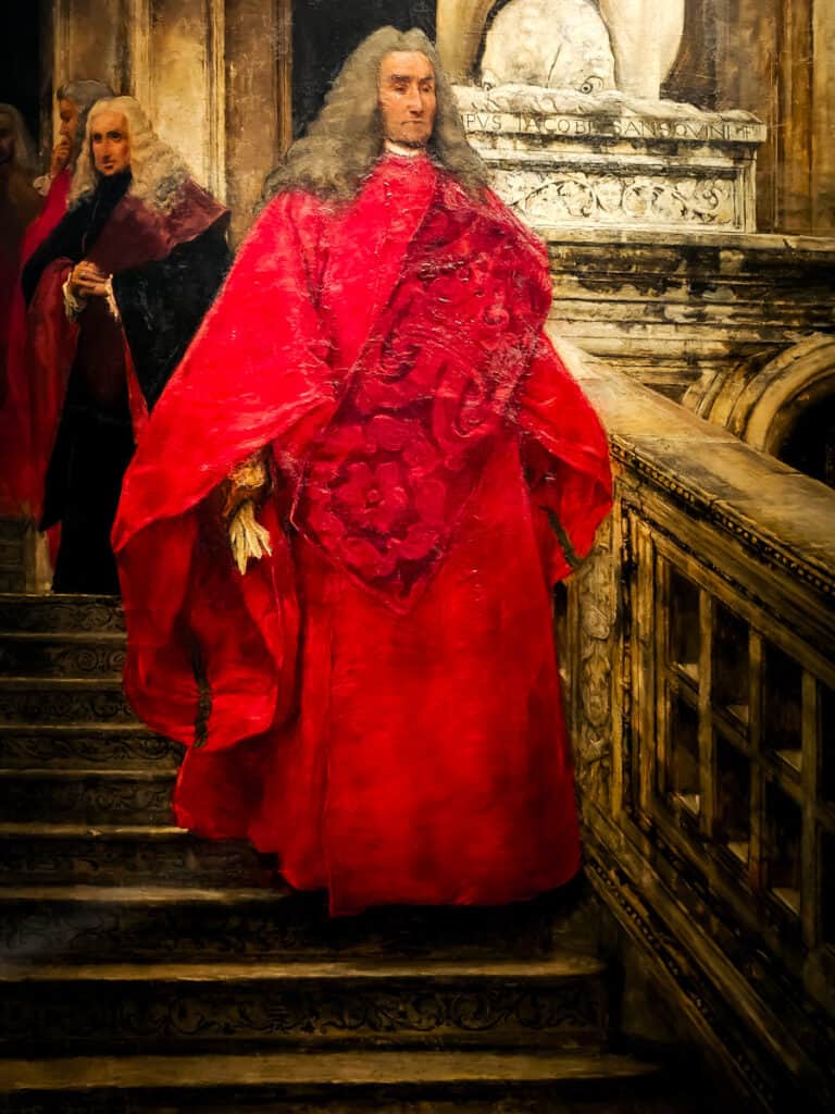 painting of red robed doge walking down stairs