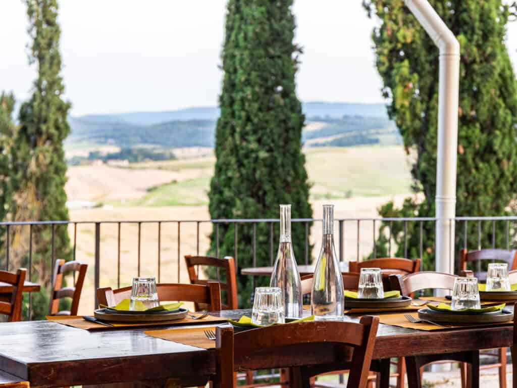 table on a terrace with tuscan views