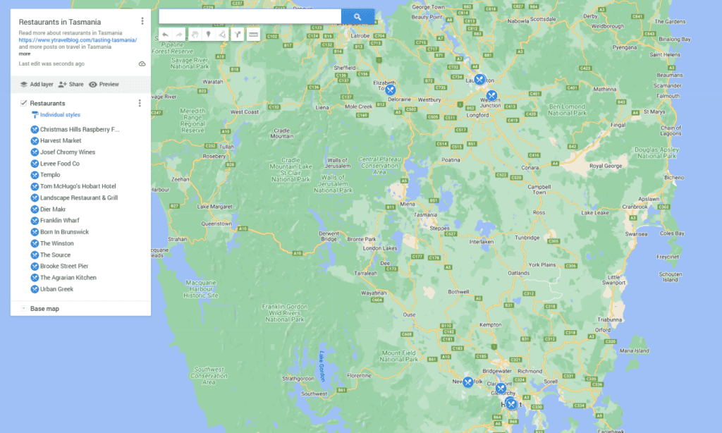 map showing tasmanian restaurants