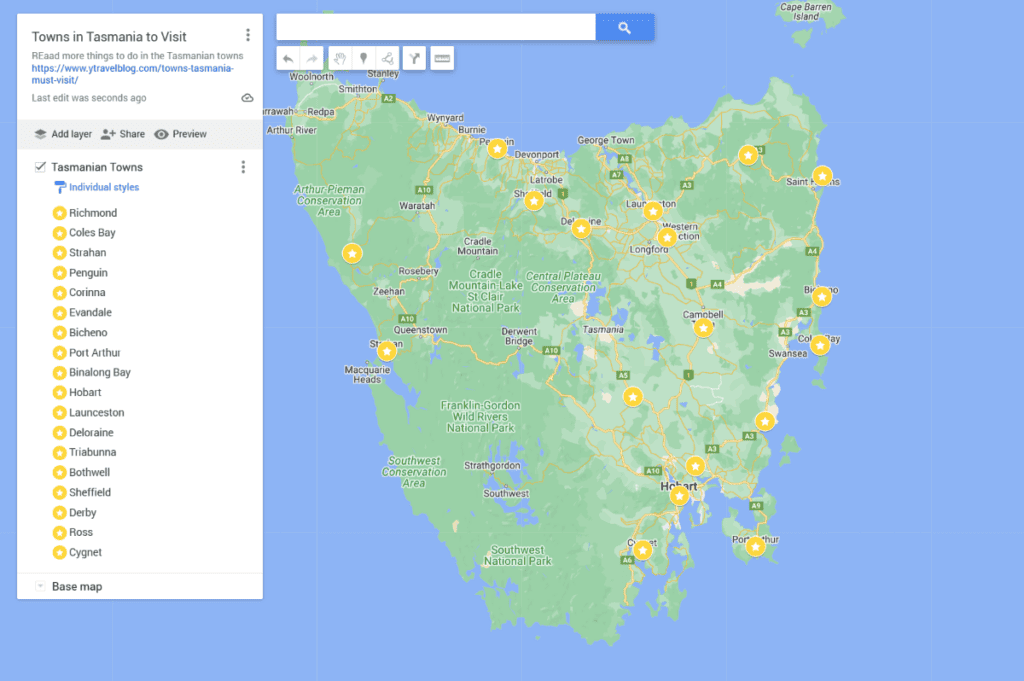 map showing tasmanian towns