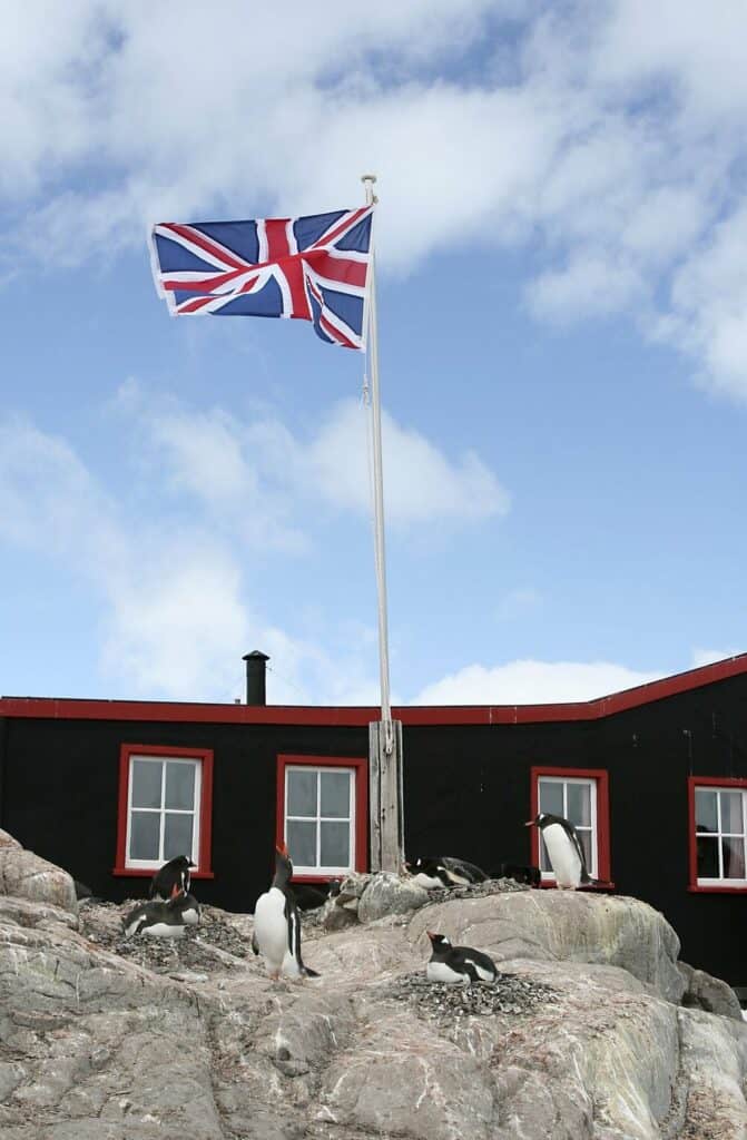 british flag in rock surrounded by penguins Port Lockroy Antarctica