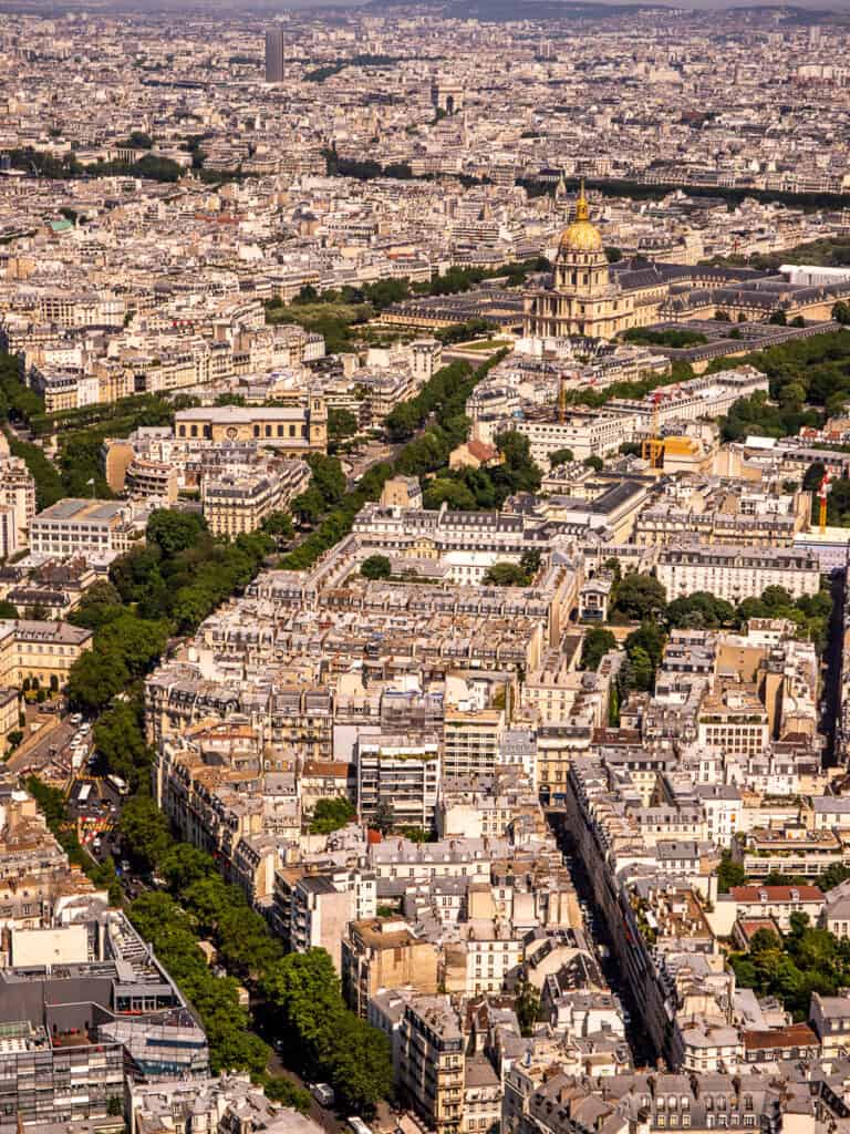 Aerial view of buildings and trees over Paris.